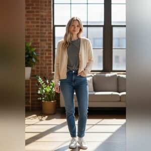 Made In Scotland Ivory Button-Up Wool and Gold Button Cardigan Size Small 34/36